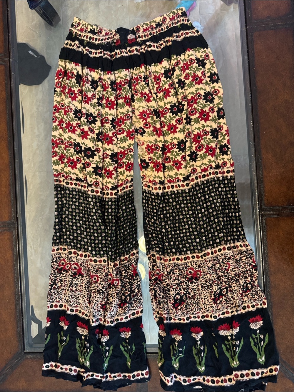 Boho Floral Wide-Leg Casual Pants - Black, Cream & Red
